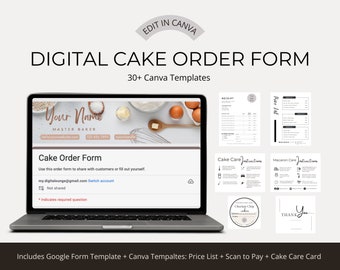 May include: A digital cake order form template for Canva. The template features a laptop screen displaying a cake order form with a header that says "Your Name Master Baker". The image also includes a receipt, price list, cake care instructions, and a thank you card.