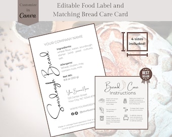 Etiqueta de alimentos caseros Plantilla de etiqueta de ingredientes Etiqueta de panadería casera para productos horneados Tarjeta de cuidado Etiqueta de masa madre Instrucciones de cuidado Recalentamiento