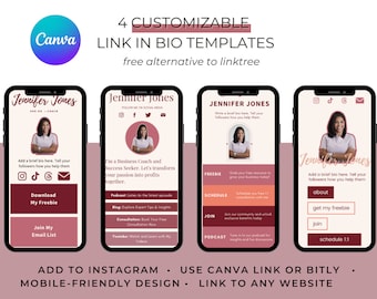 May include: Four customizable link in bio templates for Instagram. The templates are designed in a mobile-friendly format and feature a pink and white color scheme. Each template includes a headshot of a woman, a brief bio, and links to various social media platforms and resources. The text "Add to Instagram. Use Canva Link or Bitly. Mobile-friendly design. Link to any website." is displayed at the bottom of the image.