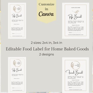 May include: Editable food label template for home baked goods. Two designs are shown: Rye Bread and French Bread. Each label features a wheat stalk graphic and space for your business name, ingredients, allergens, and website.