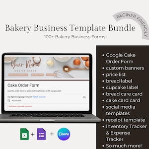 May include: A laptop screen displaying a bakery business template bundle with a cake order form. The text "Your Name Master Baker" is at the top of the form. The bundle includes over 100 forms, including Google Cake Order Form, custom banners, price list, bread label, cupcake label, bread care card, cake card card, social media templates, receipt template, inventory tracker and expense tracker, and more.