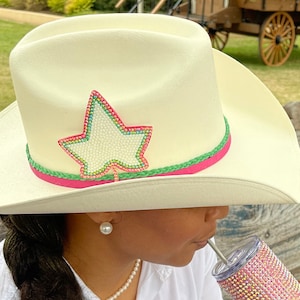 Custom Pink and Green Bling Ivy Cowboy Hat AKA Sorority Sister Hat Perfect for Functions and Gifts