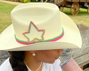 Custom Pink and Green Bling Ivy Cowboy Hat AKA Sorority Sister Hat Perfect for Functions and Gifts