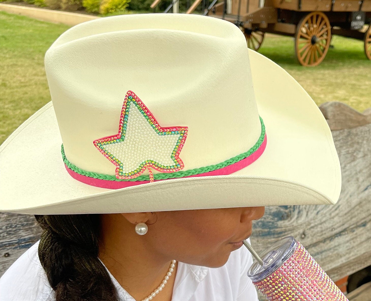 Custom Pink and Green Bling Ivy Cowboy Hat AKA Sorority Sister Hat Perfect for Functions and Gifts