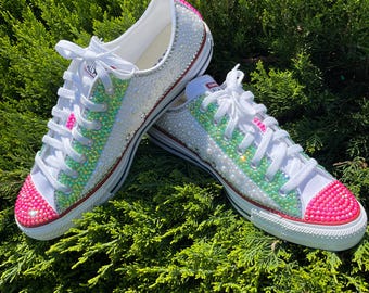Bling Rhinestone Pearl Converse Sneakers: Pink Green Sorority - Main Image