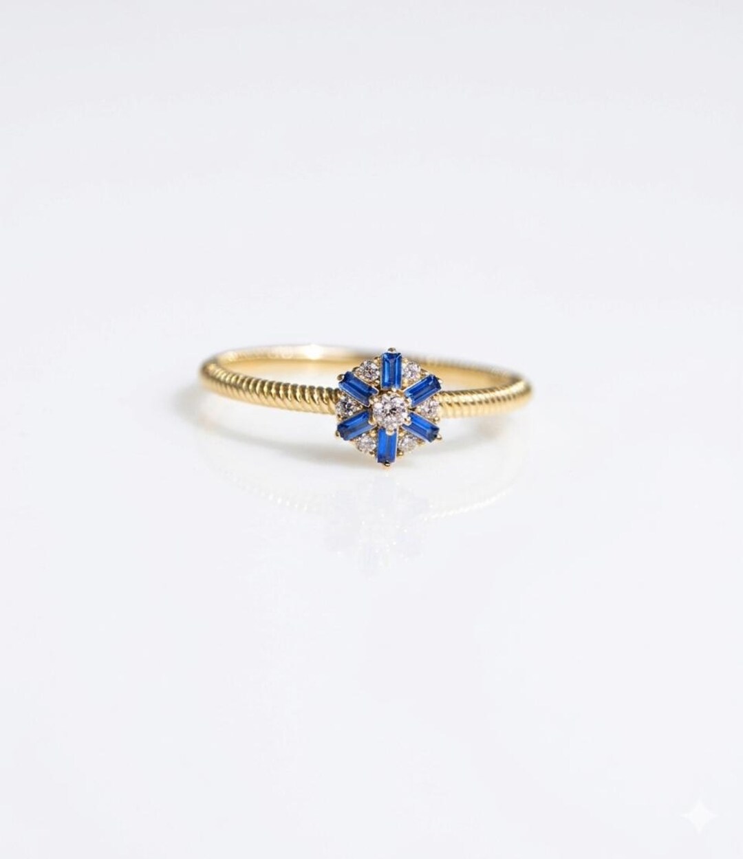 14K Solid Gold Blue Cubic Zirconia Flower Ring, Minimalist Dainty ...