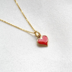 14K Gold Red Heart Enamel Pendant Necklace, Minimalist Gold Heart Charm, Dainty Red Heart Jewelry, Gift for Her, Gift for Mom
