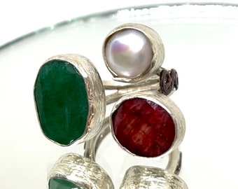 Ruby Pearl Emerald Ring, Pearl Ring, Vintage Ring, Rings for Women, chunky silver ring, sterling silver ring, Silver Ring, Antique Ring