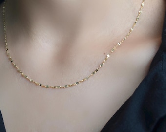 14K Solid Yellow Gold Mirror Chain Necklace, Minimalist Elegant Style
