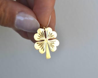 14k Solid Gold Clover Pendant, Lucky Four Leaf Charm