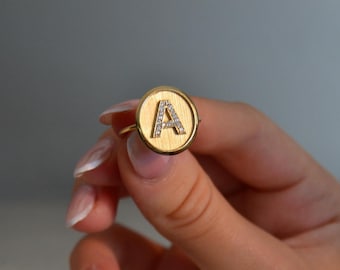 14K Solid Gold Initial Ring - Personalized Letter Jewelry