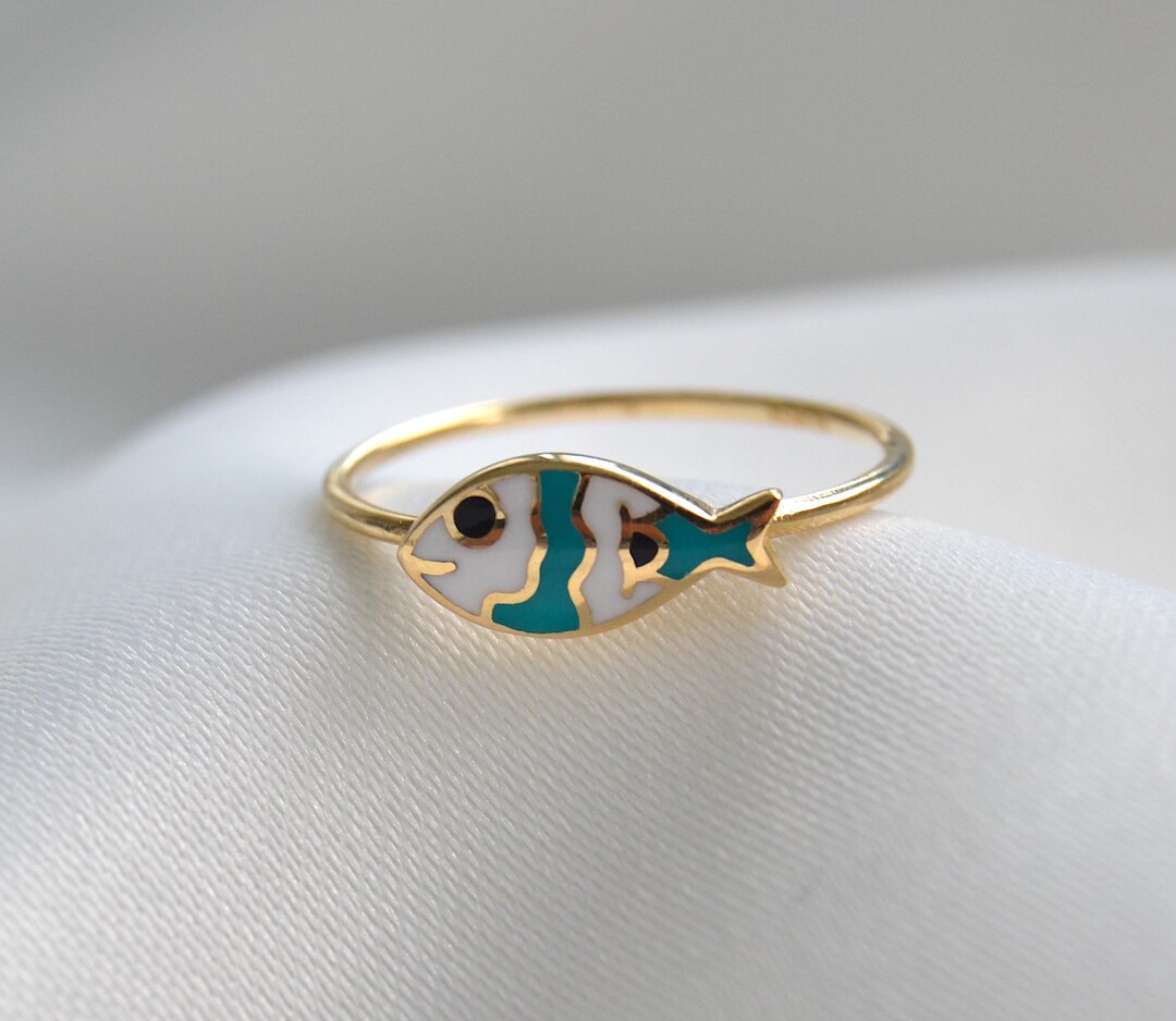 14K Gold Fish Ring, Gold Fish Ring for Women, Turquoise Gold Stacking ...
