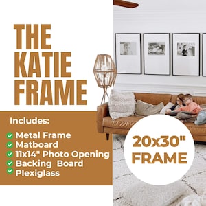 May include: A 20x30 inch brown frame with a white mat and a photo opening of 11x14 inches. The frame is made of metal and includes a matboard, backing board, and plexiglass. The frame is shown on a couch with two children sitting on it.