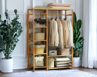 Handmade Wooden Clothes Garment Hanging Stand, Shoe Rack Display Storage Shelf With - Curtain