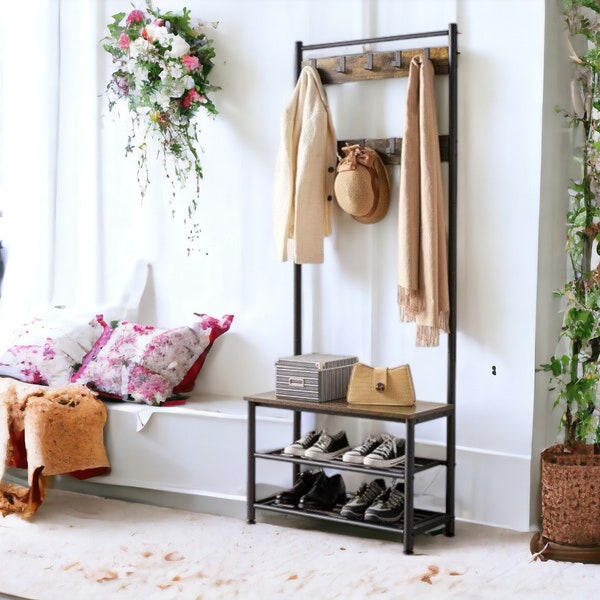 Handmade Coat Stand Shoe Rack with Shelves & Movable Hooks Storage Hall Entryway Bedroom