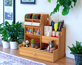 Handmade Wooden Office Study Desk Organizer, Pencil Storage Holder, Box Tidy Shelf Case