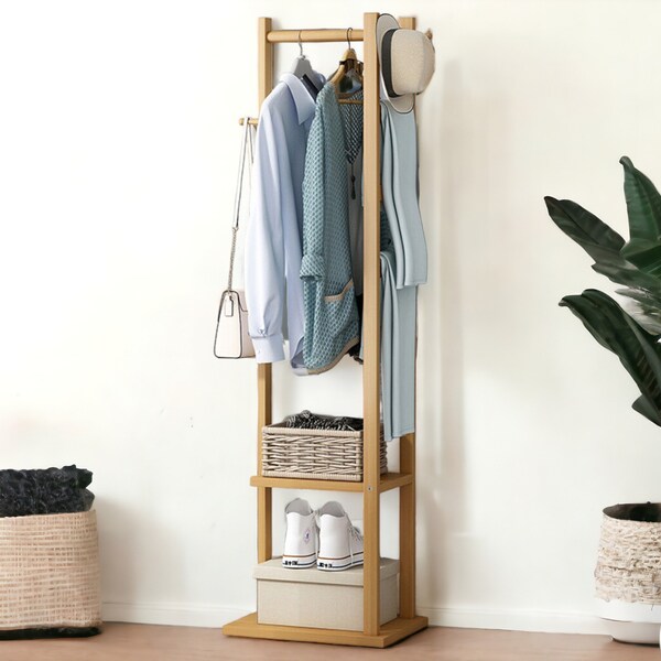 Handmade Wooden Garment Coat Clothes Stand, Rack Bamboo Hat Shoe Wooden Hanger Holder Shelf Tidy