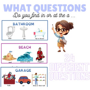 May include: An illustration of a teacher asking questions about items found in a bathroom, beach, and garage. The text "WHAT QUESTIONS Do you find in or at the a..." is at the top of the image. The text "24 DIFFERENT QUESTIONS" is on the right side of the image.