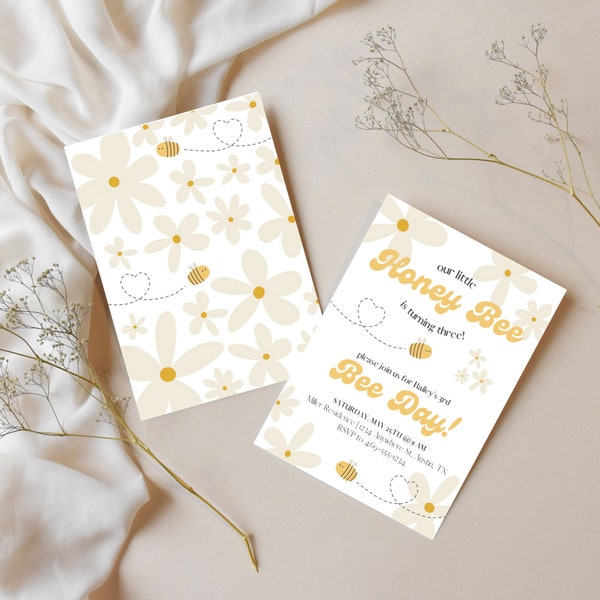 Little Honey Bee Birthday Invitation, Bee Day Party Invite, Editable Yellow Honeybee Invitation Template