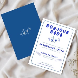 Bonjour Bébé Baby Shower Invitation Bundle, Editable French Baby Shower Invite, Blue Bebe Baby Shower Invitation Template