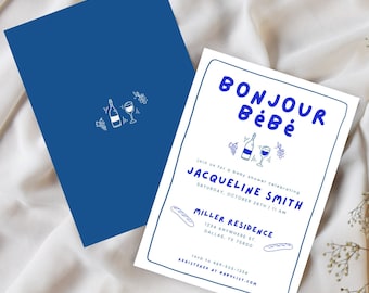 Bonjour Bébé Baby Shower Invitation Bundle, Editable French Baby Shower Invite, Blue Bebe Baby Shower Invitation Template