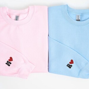 Embroidered Initial Heart on Sleeve Sweatshirt custom Initial Couple Shirts Anniversary Personalized Valentines Couple sweater love bff gift