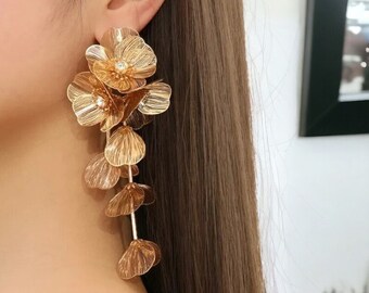 Drop and Dangle Flower Earrings, Flower Zara Style Earrings, Floral Dangle Earrings, Flower Golden Earrings, Silver Flower Earrings