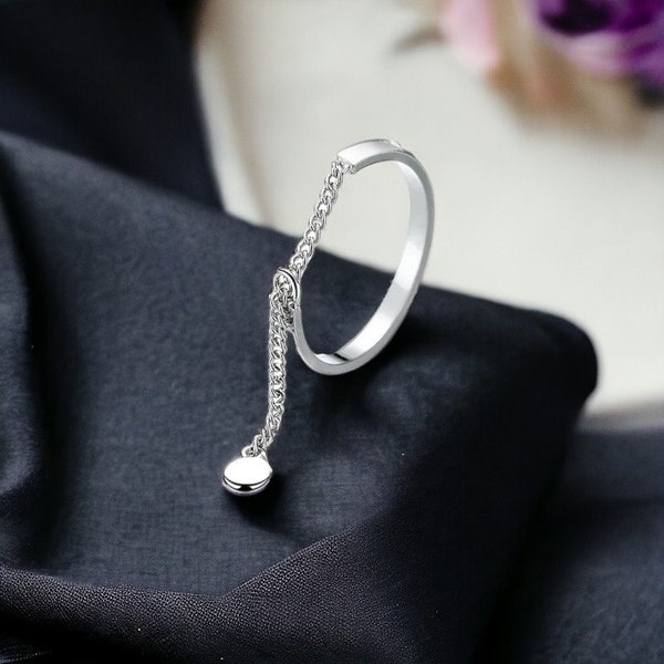 Adjustable 925 Silver Chain Ring, Silver Chain and Heart Ring, Chained Ring, Chain and Tassel Ring, Cute Silver Adjustable Chain link Ring