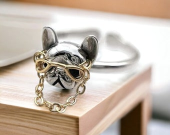 Adjustable Silver French Bulldog With Sunglasses Ring, French Bulldog Ring, Dog Lovers Ring, Sunglasses Dog Ring, French Bulldog Jewellery