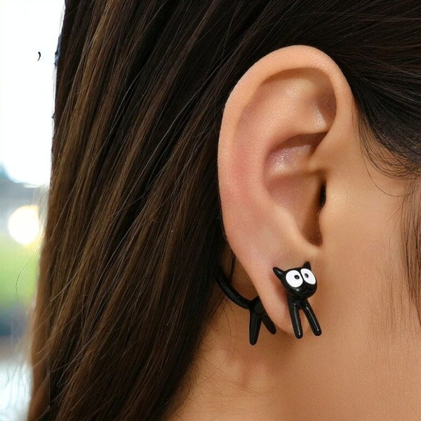 Funny Cat Earrings, Black Cat Cute Earrings, Black Cat Stud Earrings, Cartoon Cat Earrings, Cute Large Eyed Animal, Animal Earrings Gift