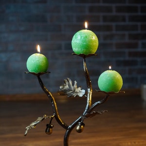 Wrought Iron Triple Candlestick Holder - Large Rustic Handmade Candelabra in Bronze