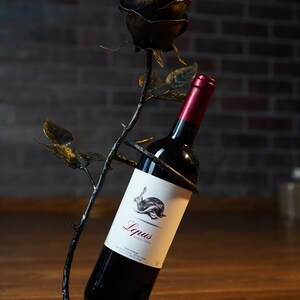 May include: A black metal wine bottle holder shaped like a rose with a bottle of red wine inside. The label on the bottle says "Lquus Vinho Tinto".