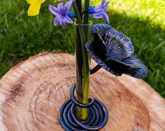 Iron Flower Holder with Glass Tube –  Rustic Minimalist Bud Vase – 6th Anniversary Gift  – Forged Metal Flower Holder with Test Tube