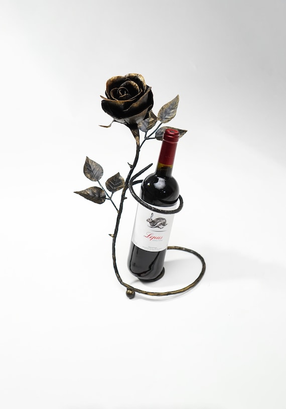 Wine Bottle Holder with Iron Rose | Patina Metal Wine Rack | Unique Wine Gift for Her | Rustic Iron Anniversary