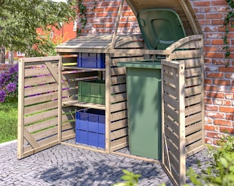 Può includere: Unità di stoccaggio esterna in legno con tetto spiovente e porte a doghe. All'interno ci sono ripiani con contenitori blu e verdi e un bidone della spazzatura verde. L'unità è contro un muro di mattoni.