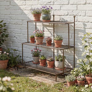 May include: A three-tiered bronze metal plant stand with a slatted design, holding various potted plants including succulents and flowering plants in terracotta, ceramic, and stone pots, positioned against a white painted brick wall.