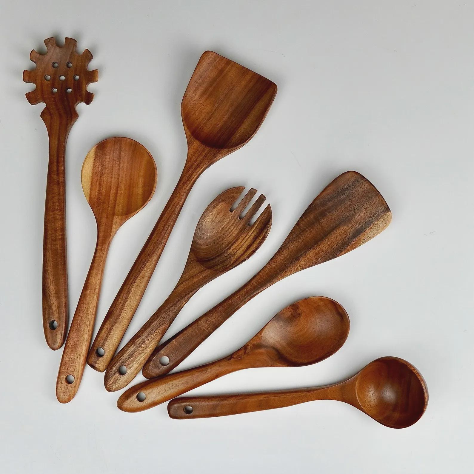 Image of Handmade Teak Wood Utensil Set: 7-Piece Artisan Kitchen Tools