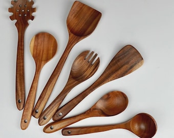 Handmade Teak Wood Utensil Set: 7-Piece Artisan Kitchen Tools