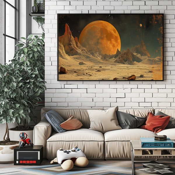 Minimalistic Sci-fi Digital Wall Art, Minimal 70s Sci Fi Landscape | Printable wall art and TV screen saver. (aspect ratio 16:9) | Sci-Fi