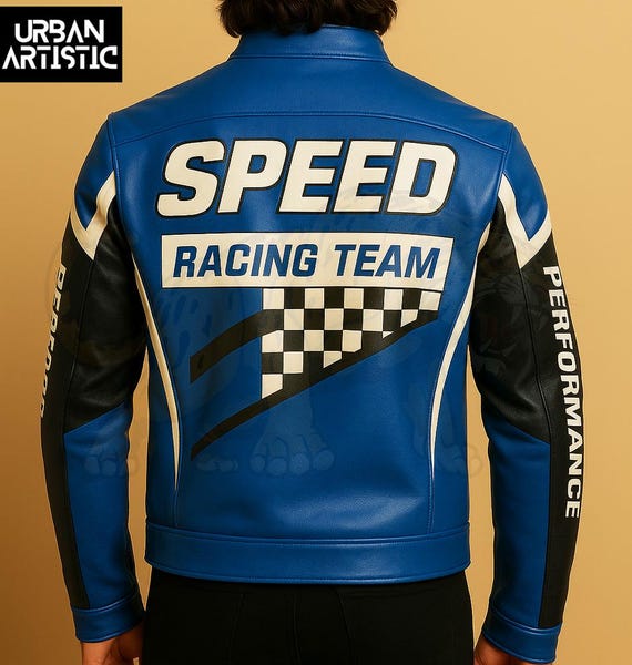Blue Speed Racing Jacket: Vintage Motorcycle Leather Team Jacket