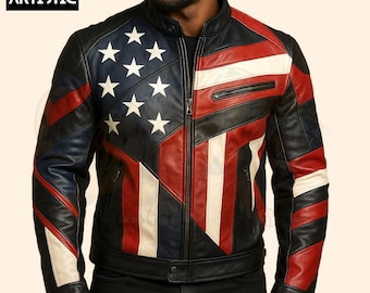 American Flag Leather Motorcycle Jacket: Stitched USA Patriotic Biker Wear