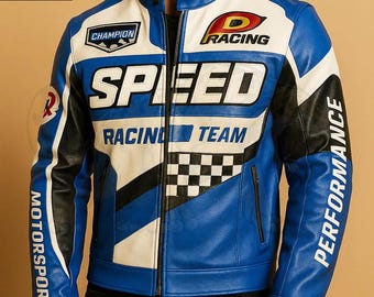 Niebieska kurtka Speed Racing: skórzana kurtka zespołu motocyklowego Vintage