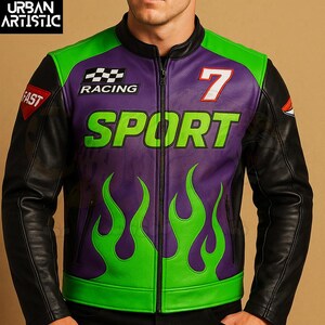 Purple Racing Leather Jacket, Purple & Green Fire Biker Jacket, Trendy Sports Style Motorcycle Jacket, Cool Riding Apparel, Race Jacket