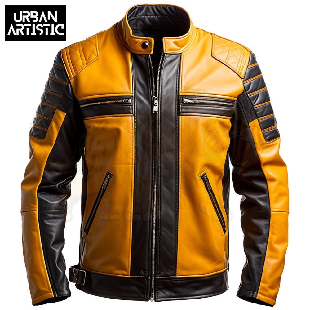 Handmade Sheepskin Biker Jacket: Yellow & Black Moto Cafe Racer - Etsy