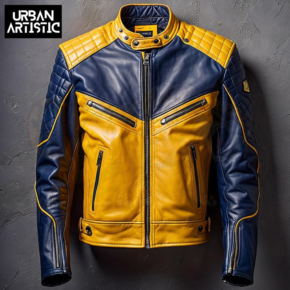 Yellow Racer Jacket Yellow & Blue Sheepskin Leather Racer Jacket: Stand Collar Biker Style ...