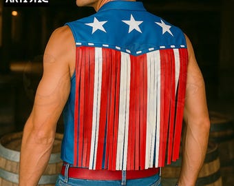 Handmade American Flag Leather Fringe Vest: Patriotic Western Wear