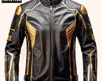 Sheepskin Motorbike Leather Jacket, Yellow Blue Racer Style with Stand Collar, Lightweight & Elegant, Gift for Men