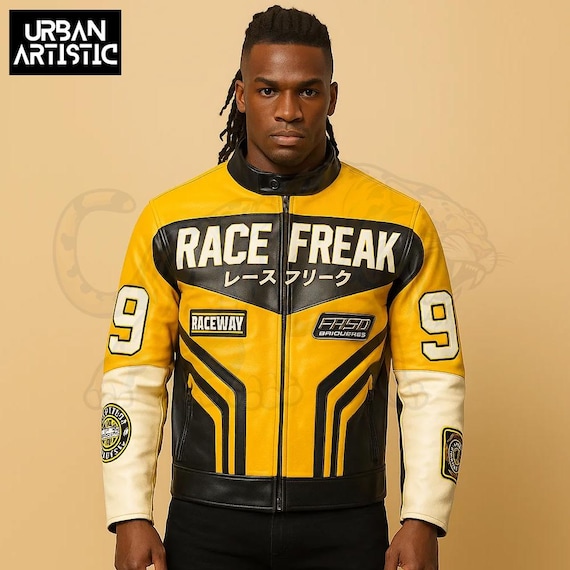 Gelbe Lederjacke: Moto Bikerjacke für Motorradfahrer - Main Image