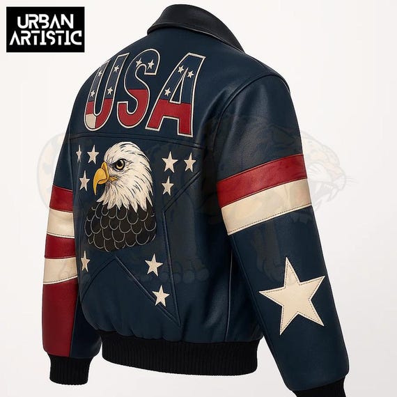 American Flag Leather Jacket: Eagle Design, Patriotic Bomber - Etsy