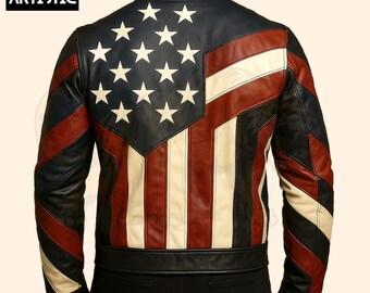 アメリカ国旗刺繍 ブラックレザーライダースジャケット アメリカ国旗レザーバイクジャケット：ステッチ入りUSA愛国バイカー